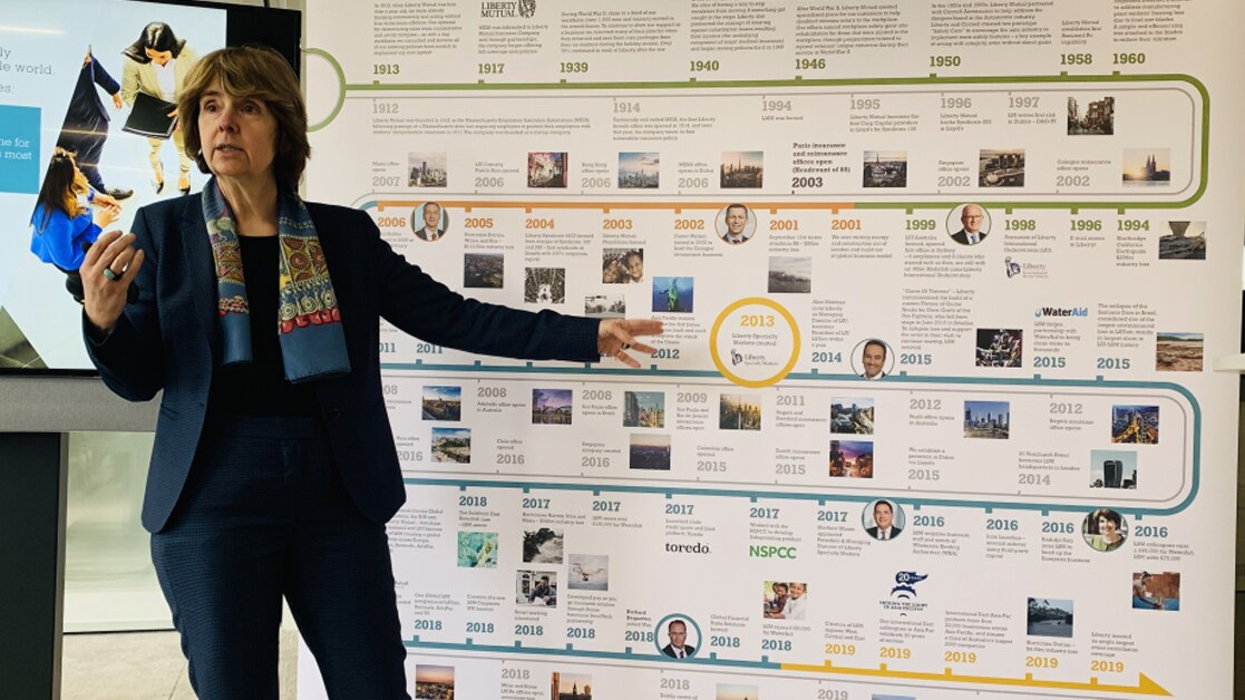 Kadidja Sinz, Head of Central Region, gesturing towards Liberty Specialty Markets timeline while speaking
